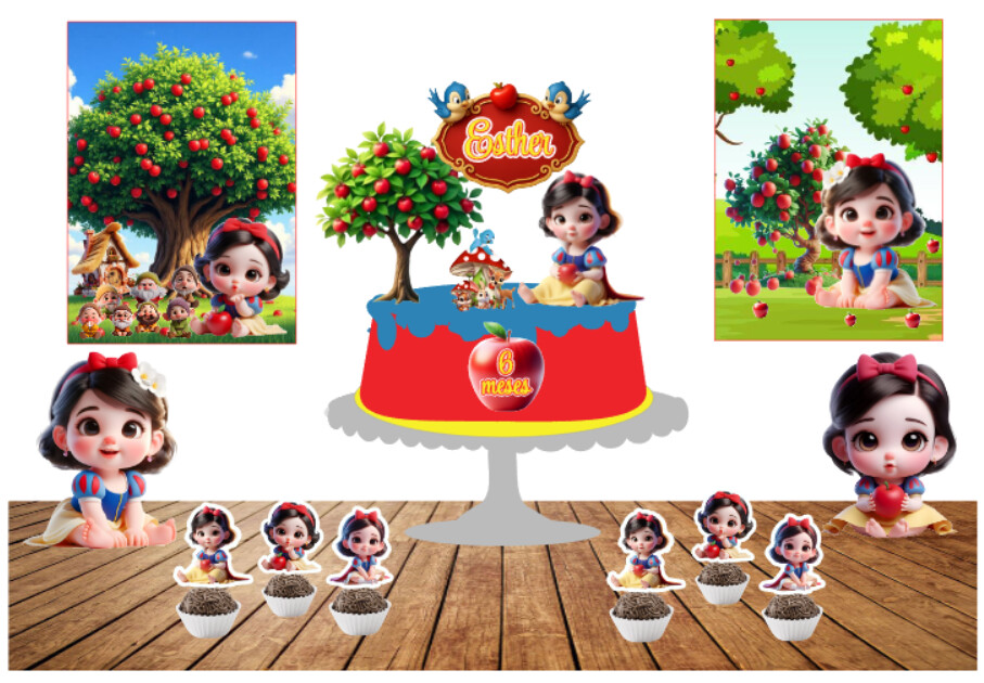 KIT FESTA SÓ UM BOLINHO BRANCA DE NEVE CUTE. FAZEMOS TODOS OS TE