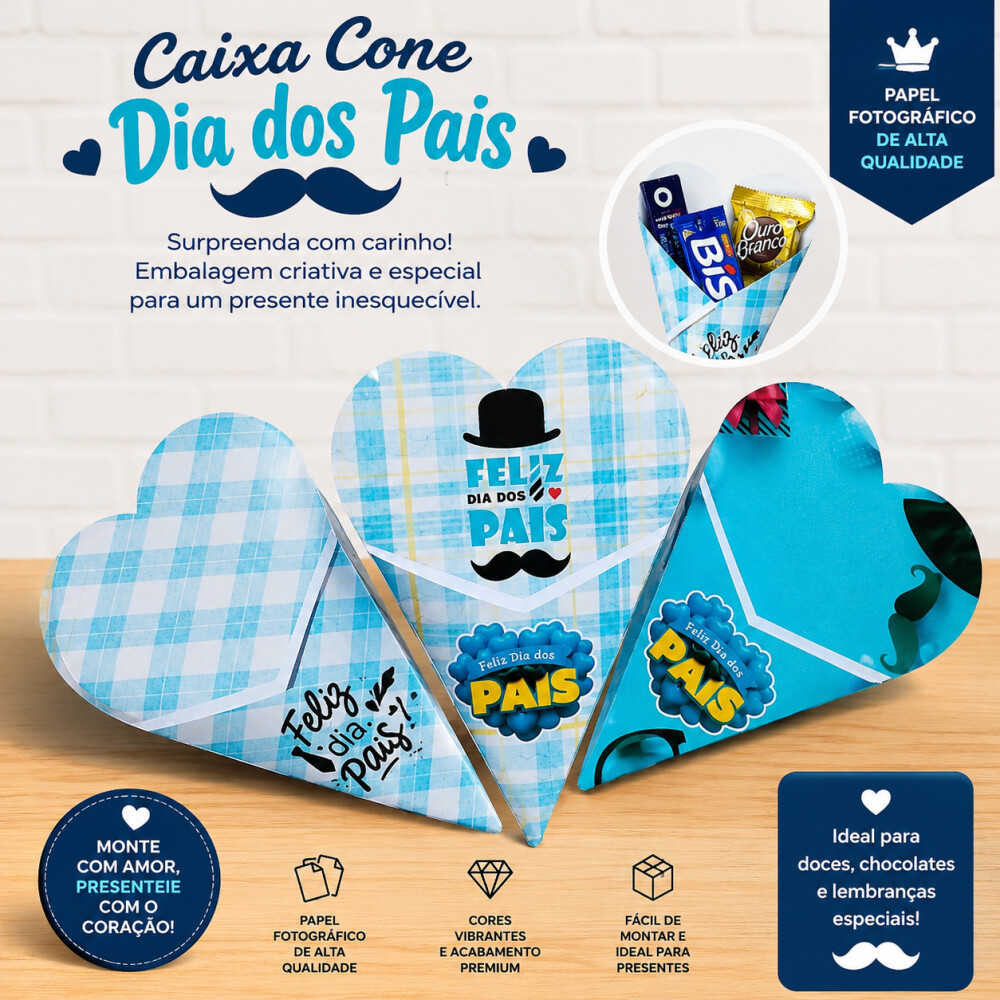 Kit 10 Caixas Cone Dia dos Pais para Doces e Presentes