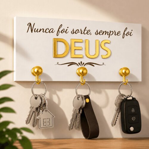 Porta Chaves Decorativo Frase Deus MDF Branco 3mm + Acrílico Dourado Espelhado | Organizador de Parede Fácil Instalação