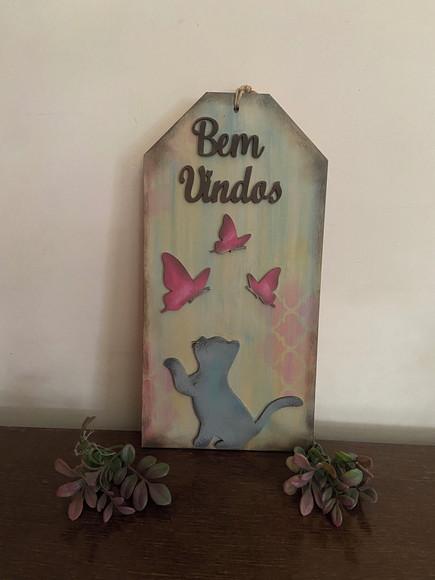 Placa Decorativa Bem Vindos de Gato