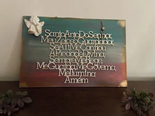 Oração Santo Anjo em Placa Decorativa