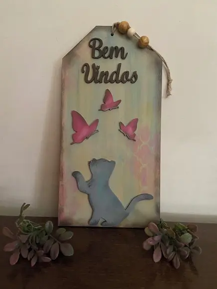 Placa Decorativa Bem Vindos de Gato