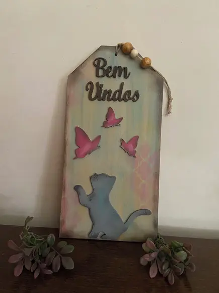 Placa Decorativa Bem Vindos de Gato