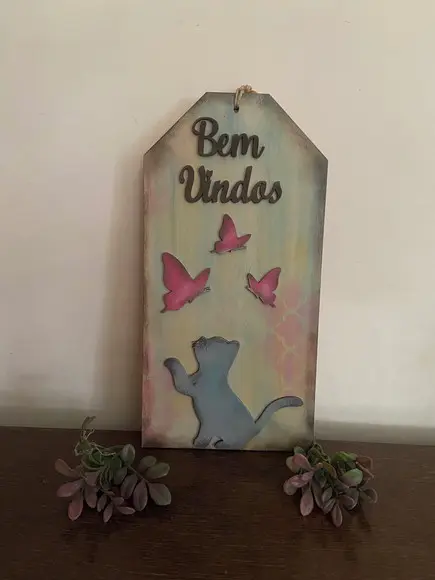 Placa Decorativa Bem Vindos de Gato