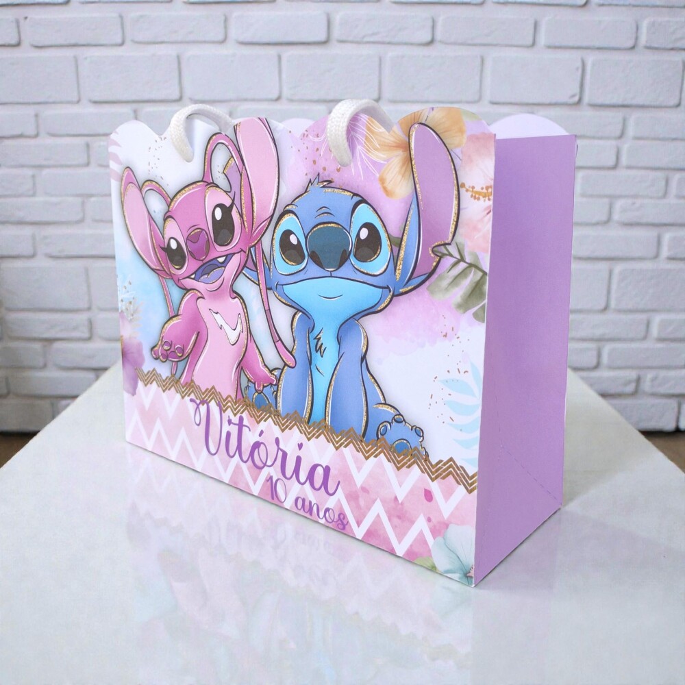10 Sacolinha Personalizadas Stich e Angel - Montadas com Alça