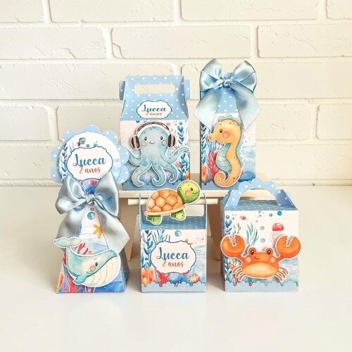 Kit 10 Caixas Personalizadas Fundo do Mar - Lembrancinha de Festa/ Aniversario - Montadas com laço