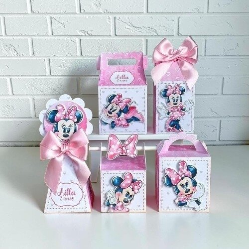 Kit 10 Caixas Personalizadas Minnie Rosa - Lembrancinha de Festa/ Aniversario - Montadas com laço