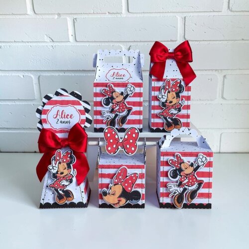 Kit 10 Caixas Personalizadas Minnie Vermelha - Lembrancinha de Festa/ Aniversario - Montadas com laço
