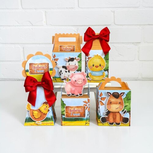 Kit 10 Caixas Personalizadas Fazendinha - Lembrancinha de Festa/ Aniversario - Montadas com laço