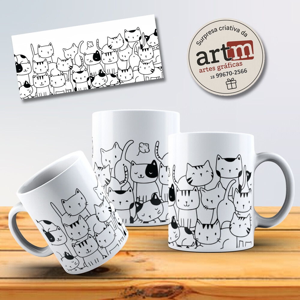 Caneca Gatinhos Doodle | Presente para Amantes de Gatos e Café