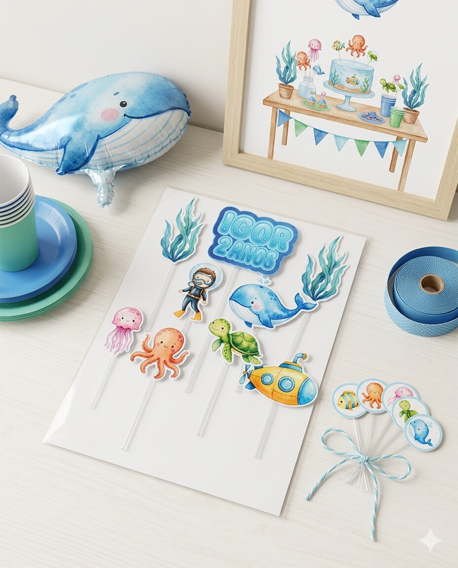 Kit Festa Só um Bolinho Fundo do Mar Menina Aquarela 27 Peças