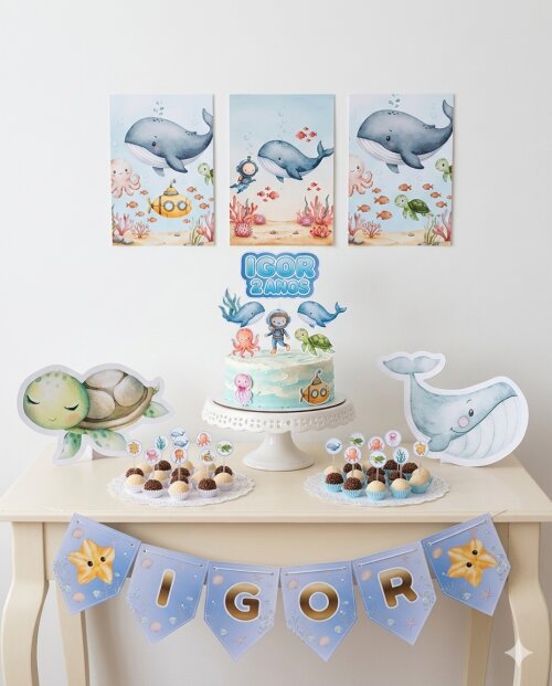 Kit Festa Só um Bolinho 27 Peças Fundo do Mar Aquarela Menino | Personalizado