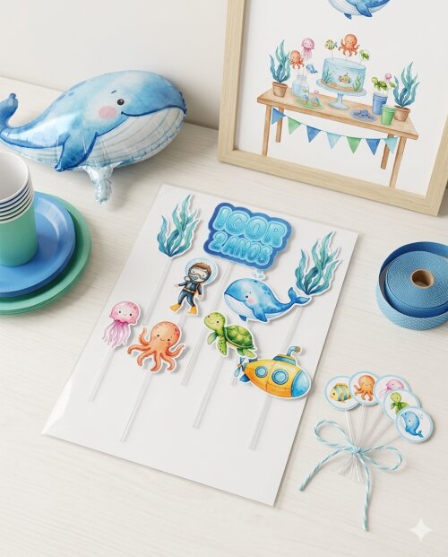 Kit Festa Só um Bolinho Fundo do Mar Menina Aquarela 27 Peças