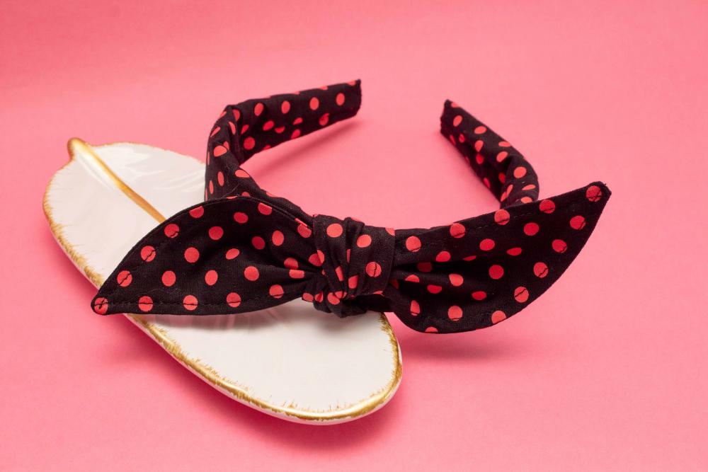 TIARA | TRICOLINE COM BOLINHAS LAÇO | PRETO BOLINHA ROSA