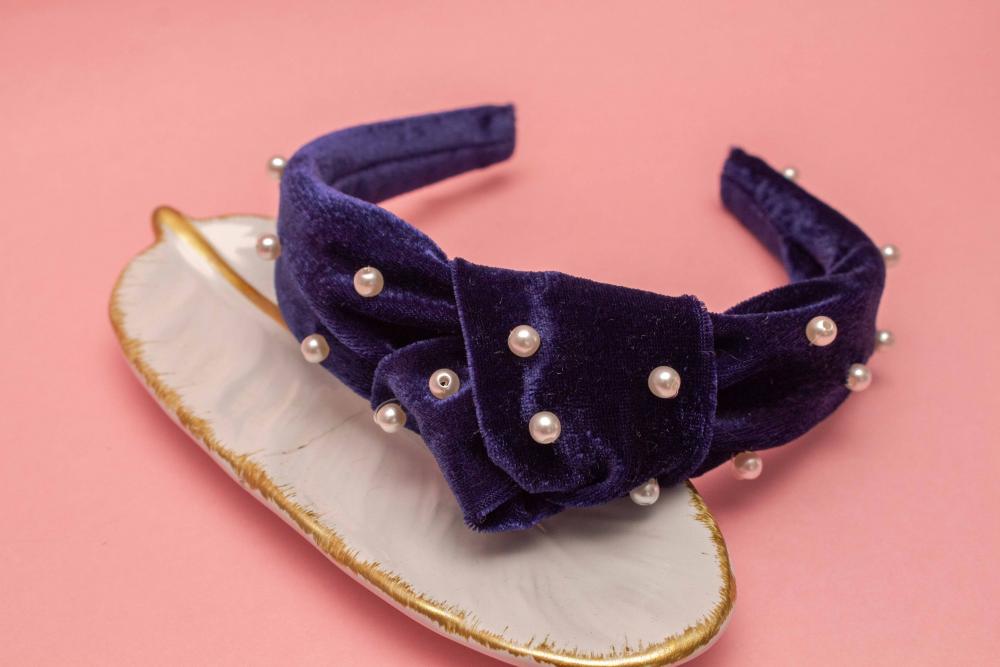 TIARA | NÓ TURBANTE VELUDO COM PEROLAS | AZUL MARINHO
