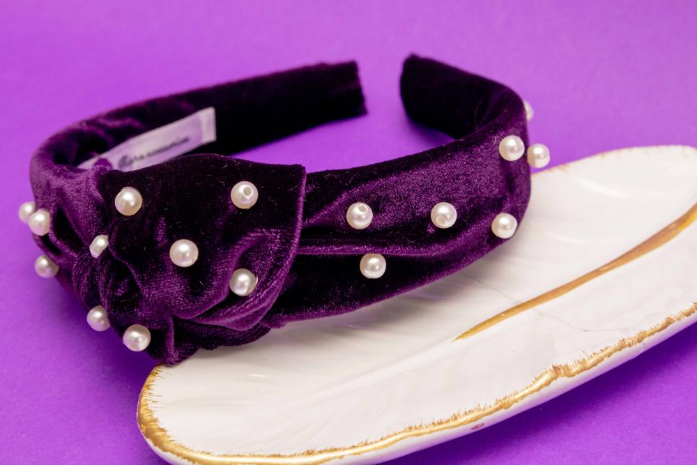TIARA | NÓ TURBANTE VELUDO COM PEROLAS | ROXO ESCURO