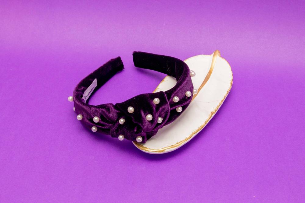TIARA | NÓ TURBANTE VELUDO COM PEROLAS | ROXO ESCURO