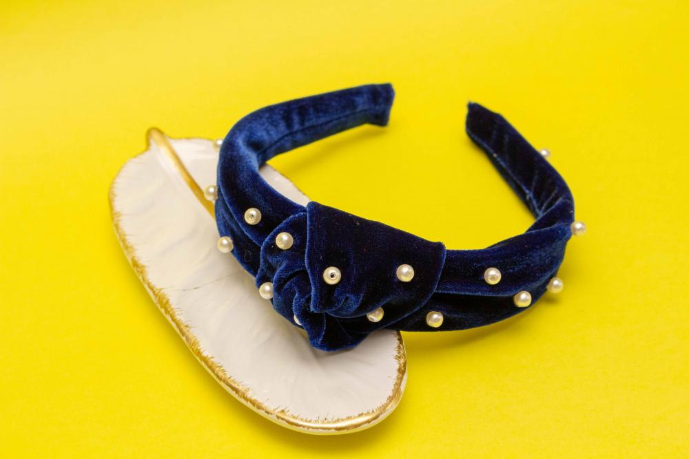 TIARA | NÓ TURBANTE VELUDO COM PEROLAS | AZUL ROYAL