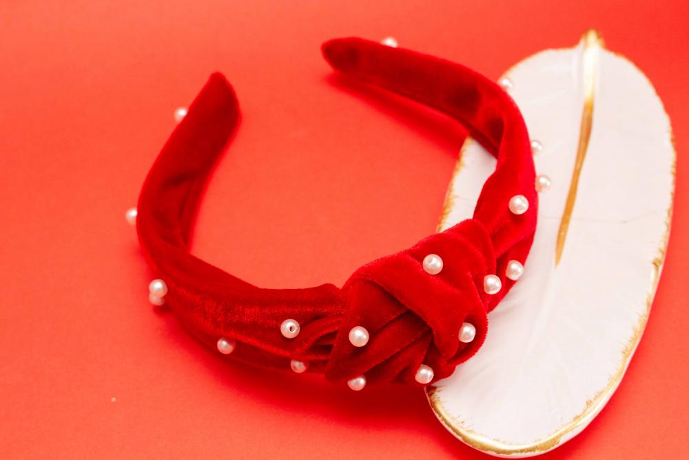 TIARA | NÓ TURBANTE VELUDO COM PEROLAS | VERMELHO