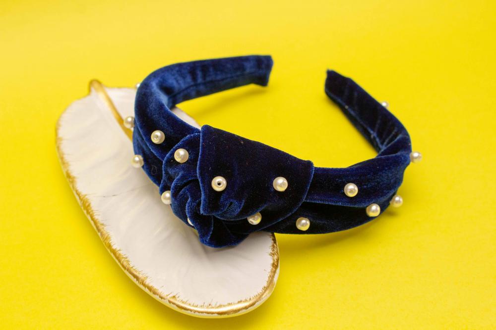TIARA | NÓ TURBANTE VELUDO COM PEROLAS | AZUL DIA