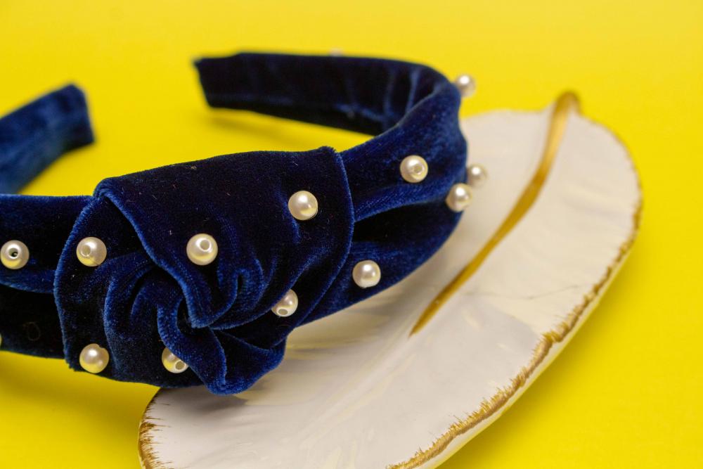 TIARA | NÓ TURBANTE VELUDO COM PEROLAS | AZUL DIA
