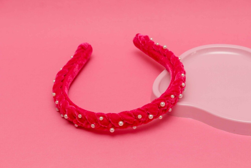 TIARA | TRANÇA ACHATADA VELUDO FINO COM PEROLAS | PINK