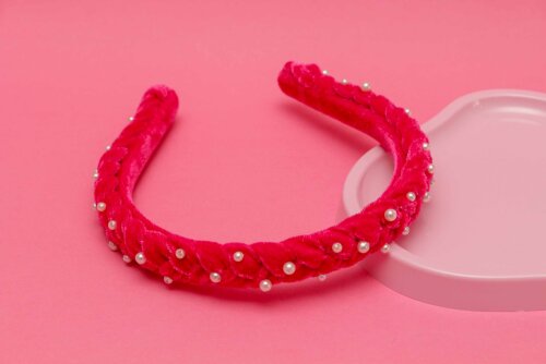 TIARA | TRANÇA ACHATADA VELUDO FINO COM PEROLAS | PINK