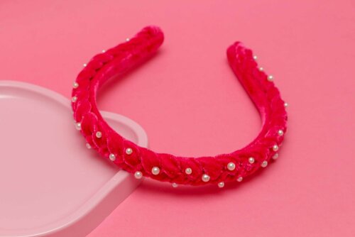 TIARA | TRANÇA ACHATADA VELUDO FINO COM PEROLAS | PINK
