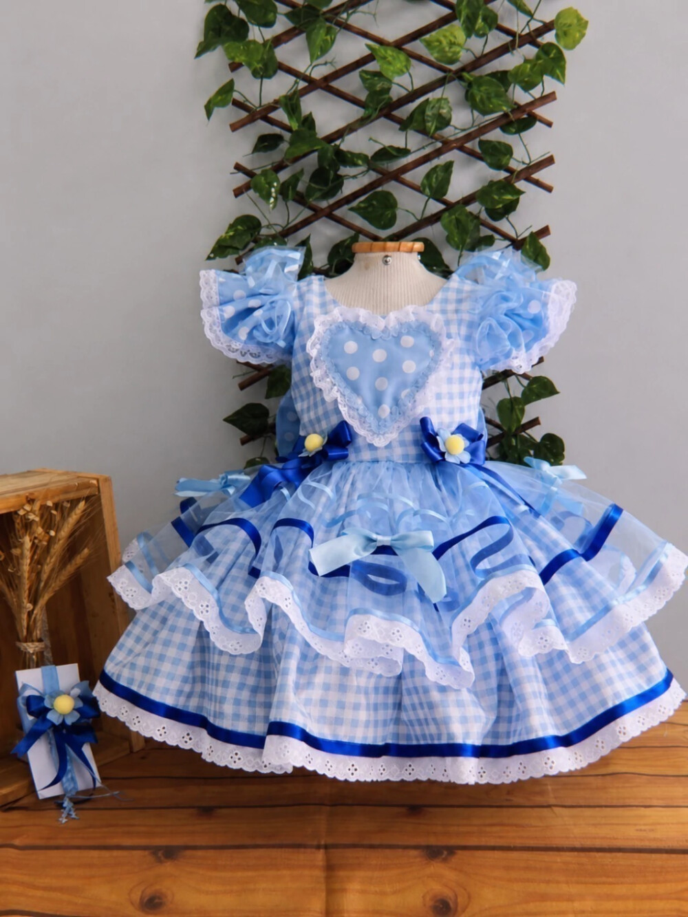 Vestido Junino Infantil Azul Xadrez