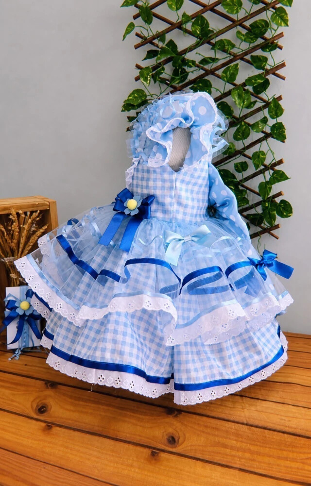 Vestido Junino Infantil Azul Xadrez