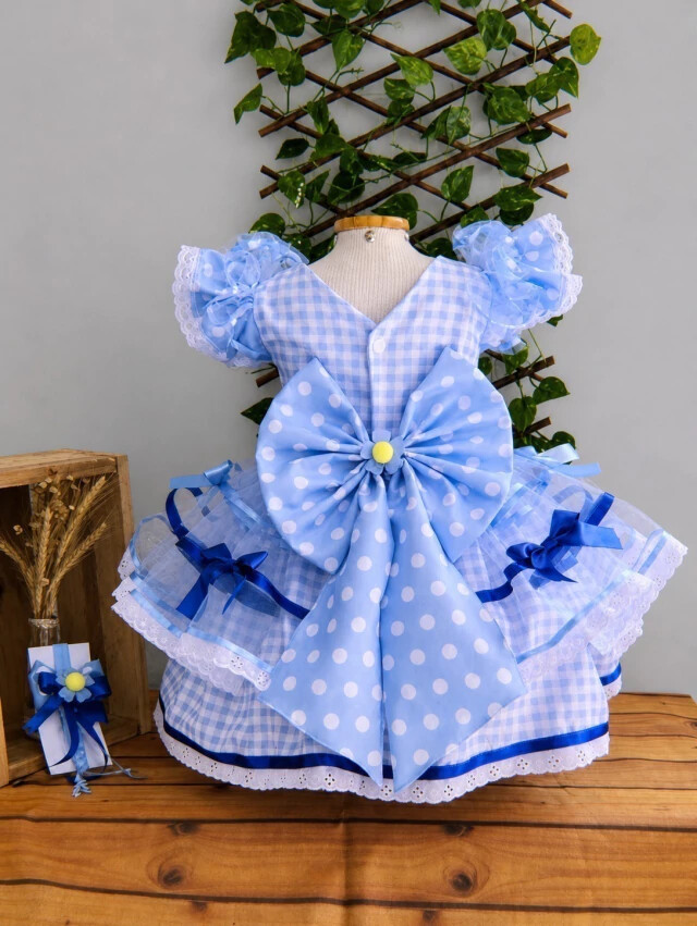 Vestido Junino Infantil Azul Xadrez