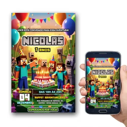 Convite Digital Minecraft Personalizado