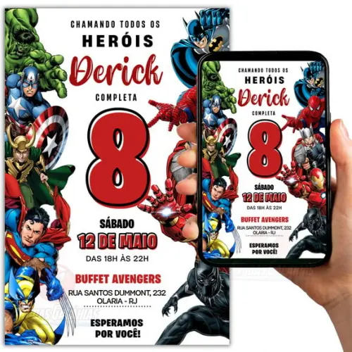 Convite Digital Super Heróis Vingadores Liga da Justiça