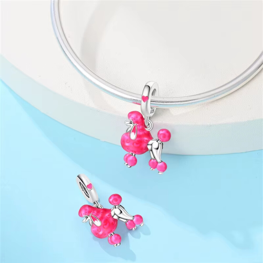 Berloque Pingente Poodle Rosa Prata 925