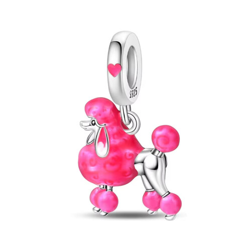 Berloque Pingente Poodle Rosa Prata 925
