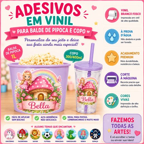 Kit Adesivos em Vinil Para Balde ( 1L ou 1,5L )e Copo 400 ou 300ml  - Qualquer Tema (Pode Molhar)