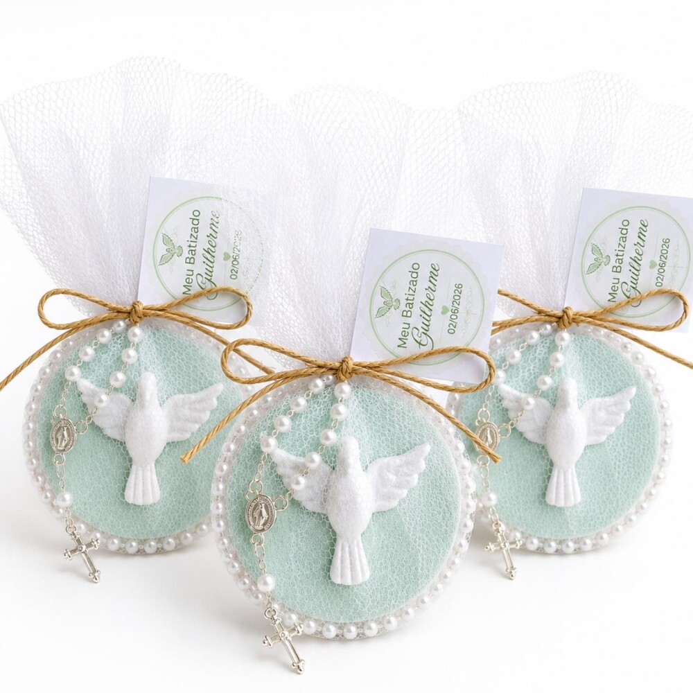 Lembrancinha de Batizado Personalizada com Terço e Imã Espírit