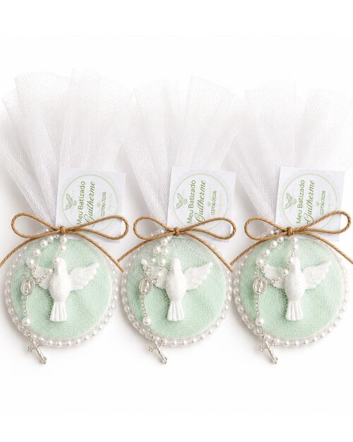 Lembrancinha de Batizado Personalizada com Terço e Imã Espírit