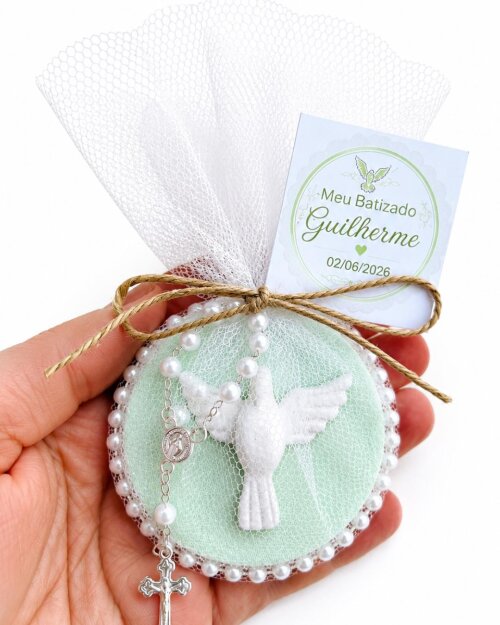 Lembrancinha de Batizado Personalizada com Terço e Imã Espírit