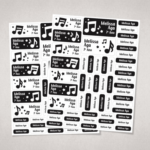 Etiquetas Escolares Notas Musicais | Preto e Branco