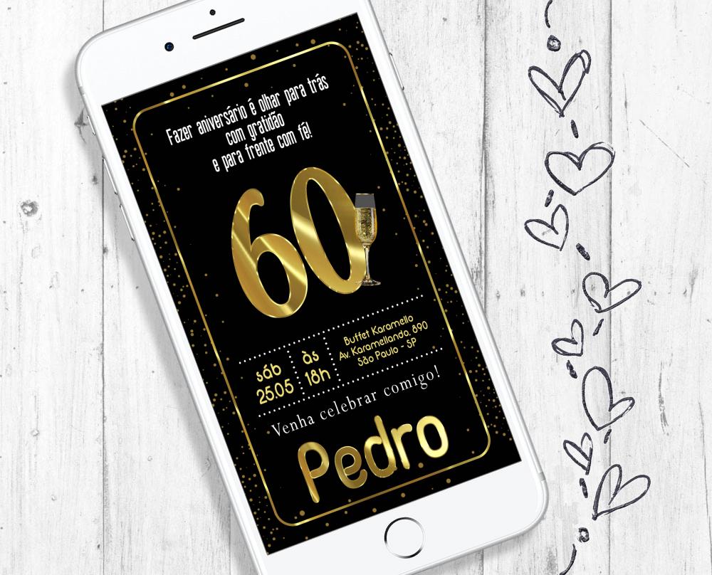 Convite digital Festa de aniversário 60 anos Sessentei Preto e d