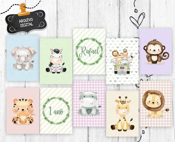 10 Artes Digitais Safari Animais com Nome Personalizado