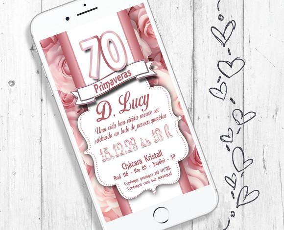 Convite Digital 70 Anos Rosa Clássico Chique Floral Senhora