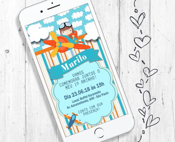 Convite Digital Festa tema Aviador aniversário infantil