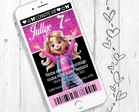 Convite Digital Boneca Menina Fashion Rosa Glitter Festa