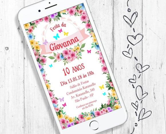 Convite Digital Borboleta Floral Aniversário Menina Whatsapp