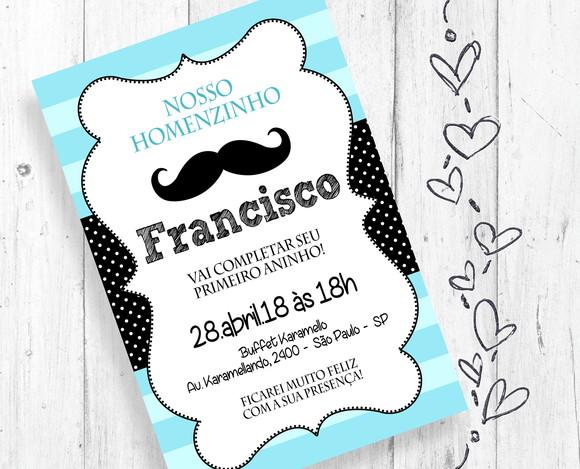 Convite Digital Bigode Mustache aniversário festa infantil
