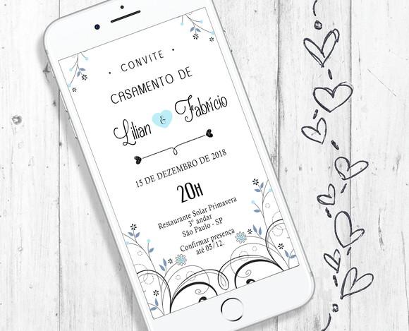 Convite Digital Casamento azul e branco chique