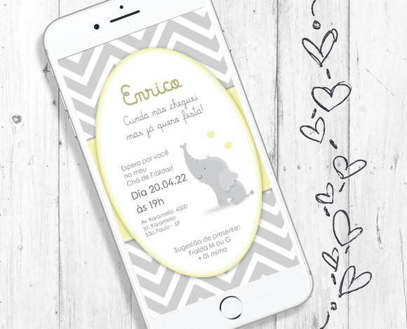 Convite Digital Chá de Bebê Elefante cinza e rosa delicado