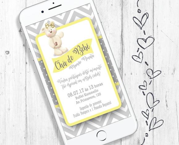 Convite Digital Chá de Bebê e Fraldas cinza e amarelo
